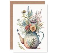 Wildflower Floral Bouquet in China Pattern Teapot Flowers Nature Birthday Sealed Greeting Card Plus Envelope Blank inside