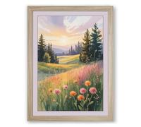 Wildflower Meadow at Golden Hour Boho Framed Wall Art Print A3 (42×29.7cm) Oak, Wall Decor for Living Room, Bedroom, Office & Home, Ready to Hang, Art Gift