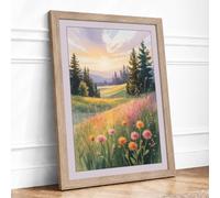 Wildflower Meadow at Golden Hour Boho Framed Wall Art Print A4 (29.7×21cm) Oak, Wall Decor for Living Room, Bedroom, Office & Home, Ready to Hang, Art Gift