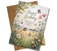 Wildflower Meadow Birthday Card - A5 Hand-Painted Style with Bees & Butterflies - “Happy Birthday Wishing You a Day Blessed with Joy” - Blank Inside - Kraft Envelope & Cello Wrapped