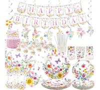 Wildflower Party Decorations,Floral Birthday Party Supplies, Plates Cups Napkins Tablecloth Happy Birthday Banner Cake Toppers Hanging Swirls for Spring Summer Picnics Weddings Tea Party