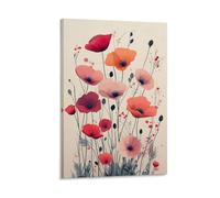 Wildflower Poppy Wall Art Minimalist Botanical Floral Print with Red Andange Flowers Modern Nature-Inspired Artwork Living Room Entryway Office Home Decor Gift 24x36inch Frame