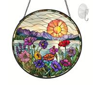 Wildflower Sun Catcher California Poppy Stained Glass Suncatchers 7.87 Inch Wildflower and Sun Stained Glass Ornament for Home Decor Indoor Wall Art for Women Mother Grandmother Friends