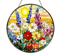 Wildflower Sun Catchers for Windows, Flower Suncatchers for Windows, Stained Glass Window Hanging, 2D Colorful Round Garden Decor, Colorful Window Wall Hanging Ornament for Women Men