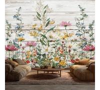 Wildflower Wall Wallpaper Mural, Floral Rustic Farmhouse Wood Grain Pattern Non-Woven Wallpaper Mural for Livingroom, Wall 150cmx105cm Art Print Murals A-8510