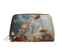 Wildflowers Bloom Leather Cosmetic Bag, Waterproof Cute Travel Toiletry Zipper Bag, Women's Cosmetic Storage Bag Set, Brown