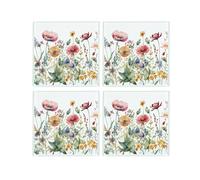 Wildflowers Glass Coaster Set - Floral Meadow Gifts for Her - Set of Four (4) Square Drinks Coasters