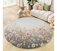 Wildflowers In The Countryside Round Rug 120 Cm Indoor Circle Soft Rug Washable Natural Flowers Print Non Slip Carpet For Bedroom Entryway Living Room Dining Room Office Decor Light Blue