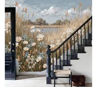 Wildflowers in the fields, golden wheat fields 3D Not Self-Adhesive Wall Murals Wallpaper,Lakes and Trees Photo Large Poster Wall Paper for Kids Bedroom Living Room Home Decor(157"H x 110"W )