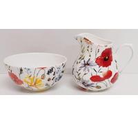 Wildflowers Meadow Cream/Milk Jug and Sugar Bowl Fine Bone China Bright Flowers Floral Matching Set Hand Decorated UK
