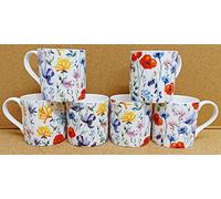 Wildflowers Meadow Mugs Set of 6 Large Balmoral 400 ml 14oz Bright Floral Cups Hand Decorated UK