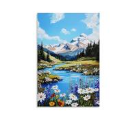 Wildflowers Nature Landscape Wall Art, Snow Mountain Stream Scenery Artwork Hanging Paintings Poster, Natural Scenic Decor for Bedroom Living Room Home Areas 16x24inch(40x60cm)