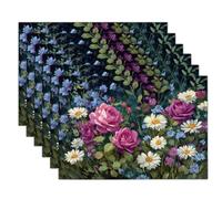 Wildflowers Oil Painting Placemats Daisies And Roses Non-Slip Insulation Placemats Set of 6, 30 x 45cm Washable Table Mats for Party Kitchen Dining Decoration, Dark Green