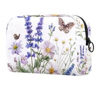 Wildflowers Purple Bluebell Sage Chamomile and Butterflies Cosmetic Makeup Bag Small Travel Zipper Pouch Portable Toiletry Bag Makeup Organizer for Women Girls