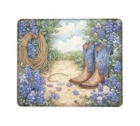 Wildflowers Spring Cowboy Boots Mouse Pad, Blue Floral Watercolor Design, Rustic Western Style, Ideal for Home Office and Gaming, Non-Slip Rubber Base Square 8x10 Inch