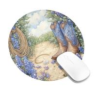 Wildflowers Spring Cowboy Boots Mouse Pad, Blue Floral Watercolor Design, Rustic Western Style, Ideal for Home Office and Gaming, Non-Slip Rubber Base Round 8x8 Inch