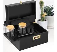 WildFun Bamboo Storage Box with Combination Lock, Wooden Stash Box with Brush Removable Tray and Glass Storage Jars Bamboo Decorative Box for Home, Black