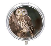 Wildlife Animal Owl Pill Case Metal Round Portable Pill Box,Waterproof Travel Pills Organizer Vitamins Medicine Storage Box for Travel Or Daily