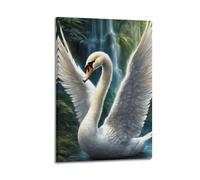 Wildlife Artwork Poster Swan by The Waterfall Decorative Painting Canvas Wall Artworks Picture 08x12inch(20x30cm)