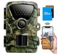Wildlife Camera WiFi Bluetooth - 1440P 32MP Trail Camera with Night Vision Motion Activated Waterproof IP66, 0,2s Trigger Speed Trail Cam with 32GB SD Card No Glow 940nm LEDs for Animal Monitoring