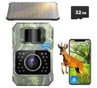 Wildlife Camera WiFi Bluetooth, 48MP 30fps Solar Infrared Trail Camera with Night Vision Motion Activated 0.2s Trigger Trail Cam with 32GB SD Card, 2000mAh Battery Rechargeable for Wildlife Scouting