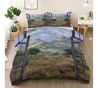 Wildlife Duvet Cover Set Twin Size, Flower Plant Bedding Set, Mountain Comforter Cover with 2 Pillow Shams, Comfy Breathable Lightweight Rustic Window View Comforter Cover
