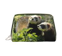 Wildlife Ferret Print Premium Leather Toiletry Travel Pouch with Waterproof Portable Pouch Open Flat Makeup Bag