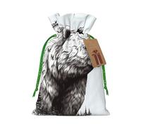 Wildlife Hand Drawn Bear Animal Christmas Drawstring Gift Bags with Tags, Xmas Gift Bags with Green Christmas Ribbon, Reusable Gift Wrapping Bag Fabric Goody Gift Sacks for Party Presents Decorations