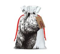 Wildlife Hand Drawn Bear Animal Christmas Drawstring Gift Bags with Tags, Xmas Gift Bags with Red Christmas Ribbon, Reusable Gift Wrapping Bag Fabric Goody Gift Sacks for Party Presents Decorations