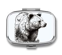 Wildlife Hand Drawn Bear Animal Pill Box 2 Compartment, Portable Pill Case with Mirror for Pocket Purse Travel, Mini Metal Medicine Organizer for Vitamins Fish Oil