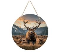 Wildlife Hunting Deer Bear Elk Welcome Sign for Front Door 7.9 Wooden Flower Door Hanger, Rustic Round Large Wood Plaque Wall Hanging Decor for Front Porch Outdoor Farmhouse Home Decorations