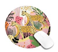 Wildlife Leopard Design Mouse Pad, Peach Yellow Jungle Animal Stitched Edge Mousepad, Rubber Non-Slip Washable Gaming Mouse Pad for Home and Office Computer, Laptop Round 8x8 Inch