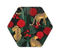 Wildlife Panther Smelling Red Rose Printed Coasters Set of 4, Tabletop Protection Leather Coasters for Cup Drinks Coffee Pads Beer Bar Mat Gifts, Hexagon