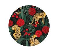Wildlife Panther Smelling Red Rose Printed Coasters Set of 4, Tabletop Protection Leather Coasters for Cup Drinks Coffee Pads Beer Bar Mat Gifts, Round Shape