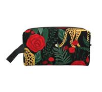 Wildlife Panther Smelling Red Rose Prints Large Makeup Bag Makeup Pouch with Handle, Portable Simple Travel Makeup Organizer Case for Women