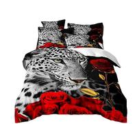 Wildlife Print Bedding Set Double 200x200 cm Duvet Cover Leopard Lion Tiger Red Rose Pattern Microfibre Men's Sheet Duvet Cover Pillowcase (Double 200x200 cm, Color 1)