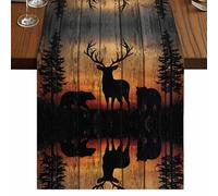 Wildlife Scene Table Runner, Nature Deer Bear Pine Trees Silhouette Sunset Cotton and Table Linen Runner for Kitchen Dining Home Decor for Party Festival Holiday Decoration Gift 13x108in