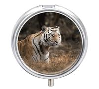 Wildlife Tiger Pill Organizer 3 Compartments, Round Small Pill Box for Purse & Pocket, Portable Daily Medicine Box to Hold Vitamins, Supplements, Pills, Fish Oil