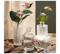 WILDMOS Glass Bud Vase Set of 3, Small Flower Vases for Decorative, Gradient Glass and Embossed Style Mini Glass Bottles for Home Decor, Vintage Glass Bottles for Centerpiece 3.3"-5.2''H(Clear)