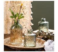 WILDMOS Glass Bud Vase Set of 3, Small Flower Vases for Decorative, Gradient Glass and Embossed Style Mini Glass Bottles for Home Decor, Vintage Glass Bottles for Centerpiece 3.3"-5.2''H(Green)