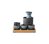WildOath Japanese Sake Set with Bamboo Tray, 7-Piece Ceramic Wine Set, Blue-Grey Glaze, Includes 4 Cups, Flask, Warmer, Gift Box (Green)