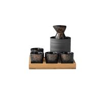 WildOath Japanese Sake Set with Bamboo Tray, 7-Piece Ceramic Wine Set, Blue-Grey Glaze, Includes 4 Cups, Flask, Warmer, Gift Box (Yellow)
