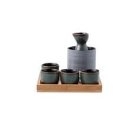 WildOath Japanese Sake Set with Bamboo Tray, 7-Piece Ceramic Wine Set, Blue-Grey Glaze, Includes 4 Cups, Flask, Warmer, Gift Box (Grey)