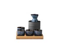 WildOath Japanese Sake Set with Bamboo Tray, 7-Piece Ceramic Wine Set, Blue-Grey Glaze, Includes 4 Cups, Flask, Warmer, Gift Box (Blue)
