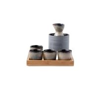 WildOath Japanese Sake Set with Bamboo Tray, 7-Piece Ceramic Wine Set, Blue-Grey Glaze, Includes 4 Cups, Flask, Warmer, Gift Box (Gold)