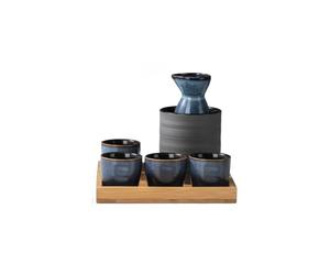 WildOath Japanese Sake Set with Bamboo Tray, 7-Piece Ceramic Wine Set, Blue-Grey Glaze, Includes 4 Cups, Flask, Warmer, Gift Box (Blue)