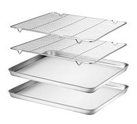 Wildone Baking Sheet & Rack Set [2 Sheets + 2 Racks], Stainless Steel Cookie Pan with Cooling Rack, Size 16 x 12 x 1 Inch, Non Toxic & Heavy Duty & Easy Clean