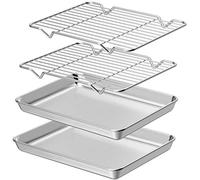 Wildone Baking Sheet with Rack Set [2 Sheets + 2 Racks], Stainless Steel Cookie Pan baking Tray with Cooling Rack, Size 9 x 7 x 1 Inch, Non Toxic & Heavy Duty & Easy Clean