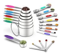 Wildone Measuring Cups and Magnetic Measuring Spoons Set, Stainless Steel 8 Measuring Cups, 7 Double Sided Stackable Magnetic Measuring Spoons, 1 Leveler & 5 Mini Spoons - 21 Piece Multicolor