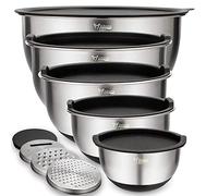 Wildone Mixing Bowls Set of 5, Stainless Steel Nesting Bowls with Airtight Lids, 3 Grater Attachments, Measurement Marks & Non-Slip Bottoms, Size 5, 3, 2, 1.5, 0.63 QT, Great for Mixing & Serving